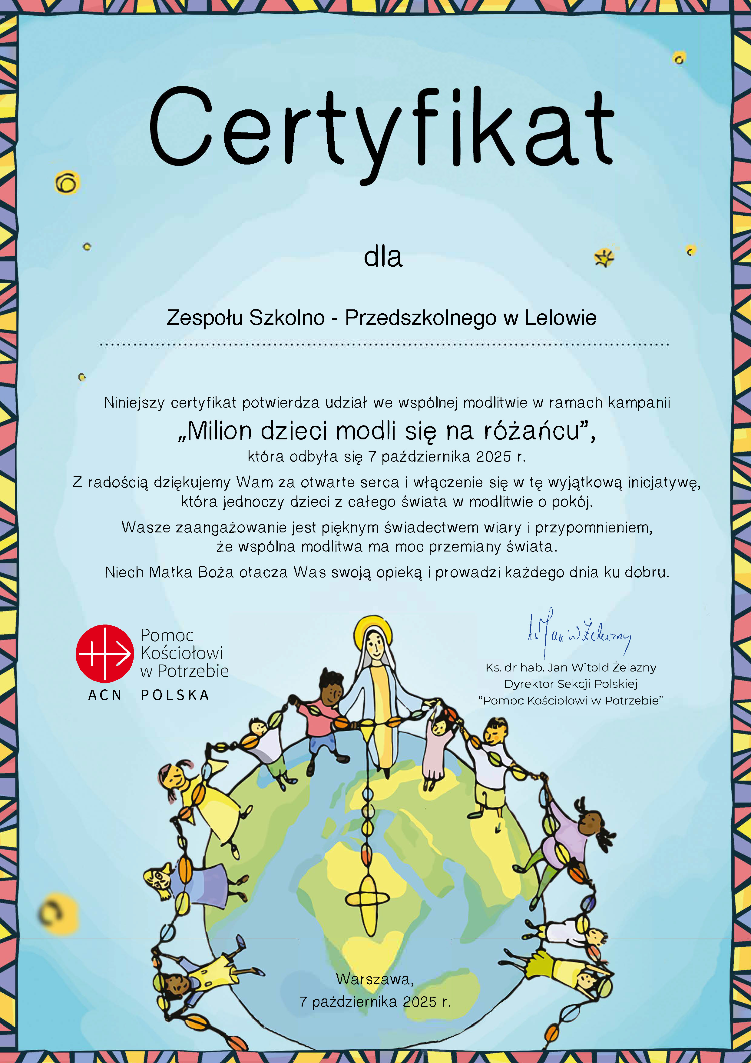 Certyfikat udziału w akcji „Milion dzieci modli się na różańcu”